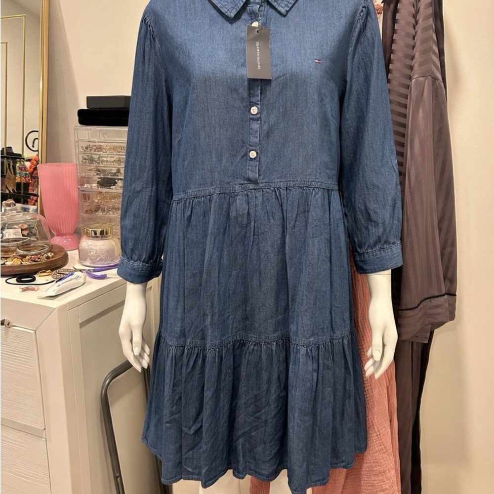 Tommy Hilfiger Dark Blue Denim Tiered Long Sleeve Dress
